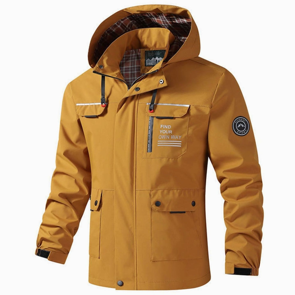 Men's Hooded Water-Resistant Outdoor Jacket Multi-Pocket - Mustard Yellow