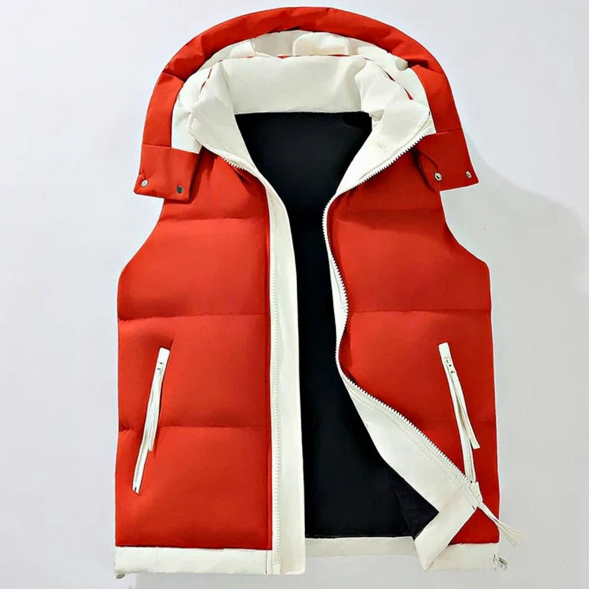 Men's Insulated Puffer Gilet Detachable Hood Water-Resistant Vest - Red