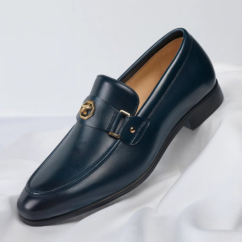 Men's Italian Leather Loafers Metal Accent - Navy