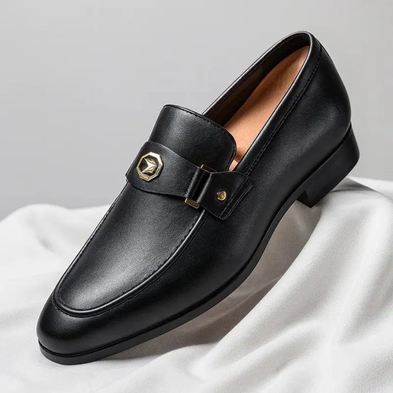 Men's Italian Leather Loafers Metal Accent - Black