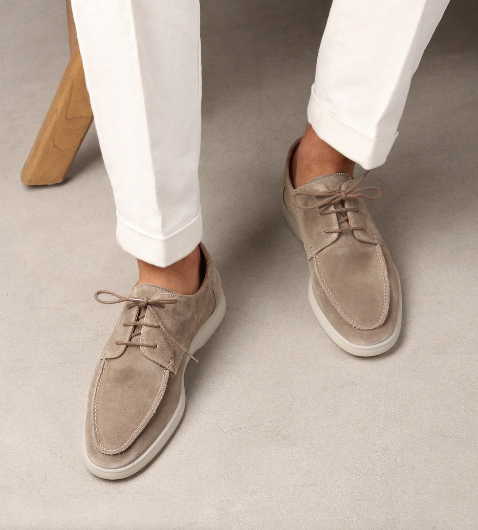 Men's Lace-Up Loafers Rounded Toe Moccasin Style - Beige