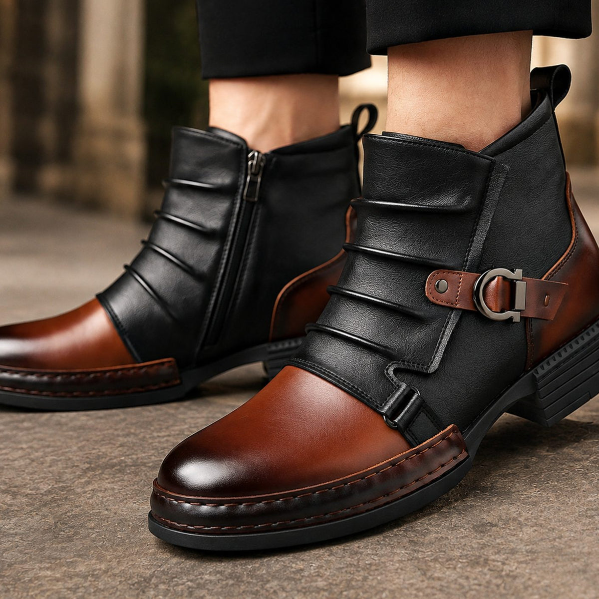 Men's Leather Buckle-Strap Two-Tone Ankle Boots - Black