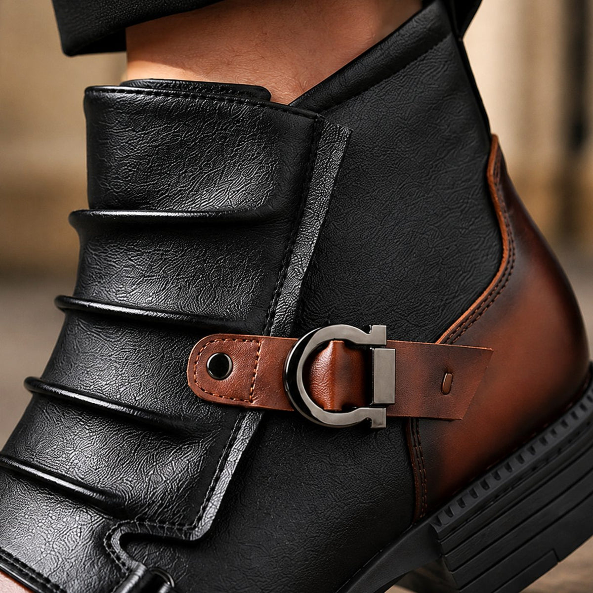 Men's Leather Buckle-Strap Two-Tone Ankle Boots