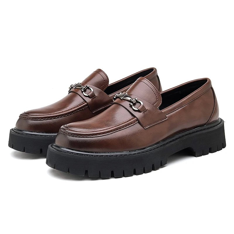 Men's Leather Loafers Metal Buckle Slip-On - Brown