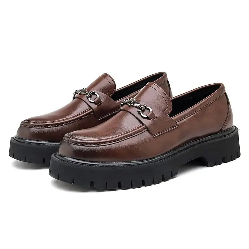 Men's Leather Loafers Metal Buckle Slip-On - Brown