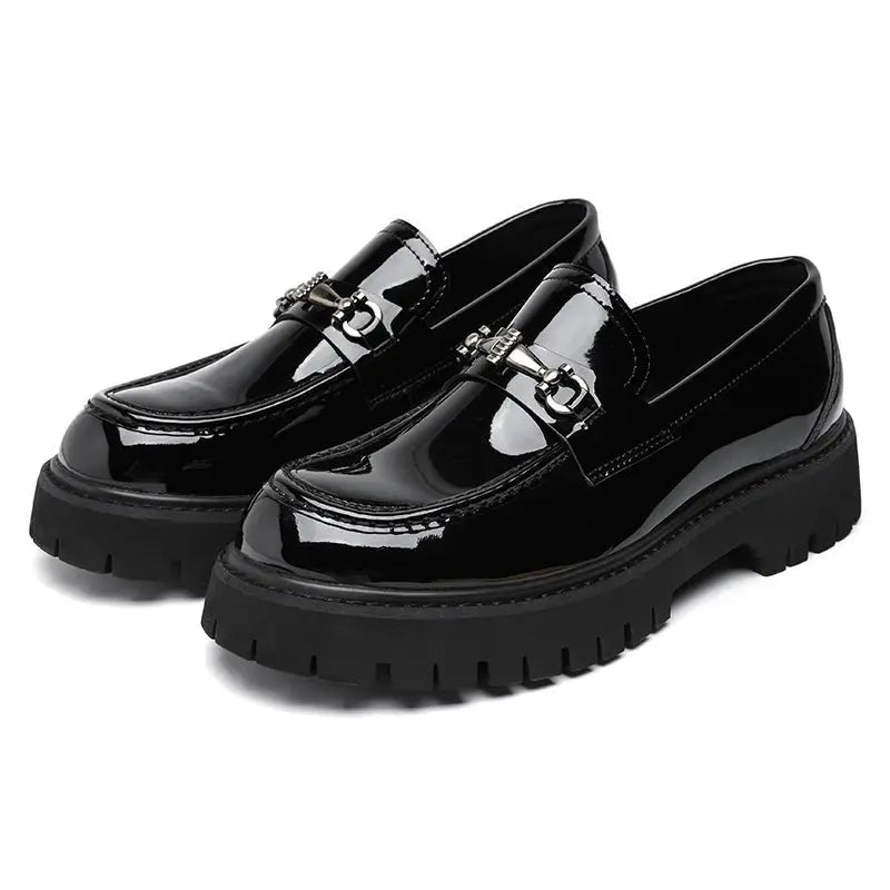 Men's Leather Loafers Metal Buckle Slip-On - Black