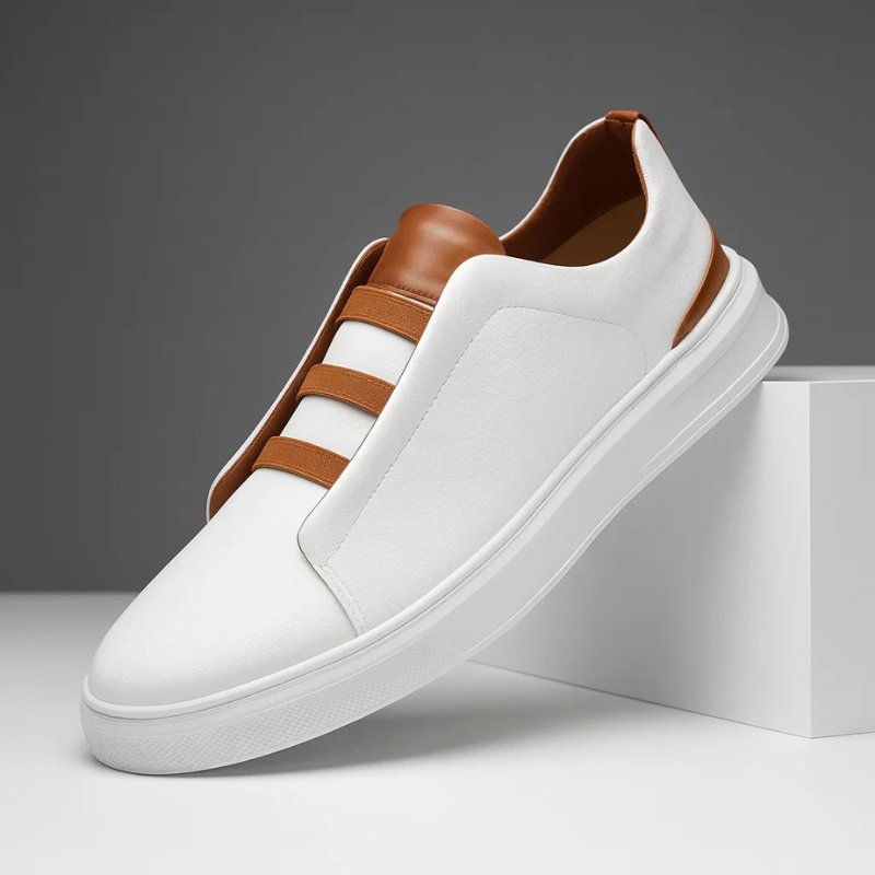 Men's Leather Slip-On Trainers Loop Lacing - White