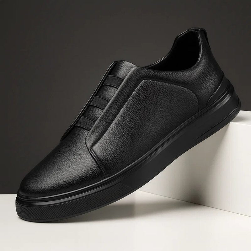 Men's Leather Slip-On Trainers Loop Lacing - Black