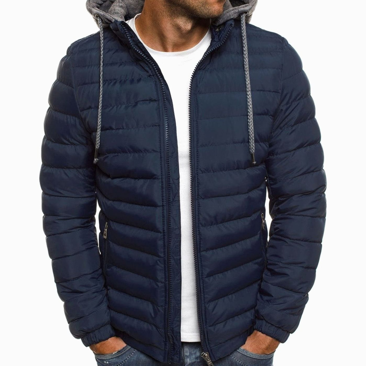 Men's Lightweight Quilted Hooded Puffer Jacket - Navy Blue