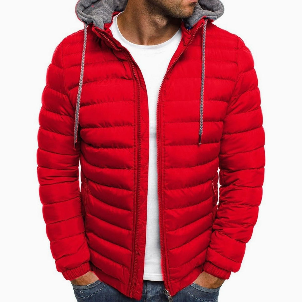 Men's Lightweight Quilted Hooded Puffer Jacket - Red