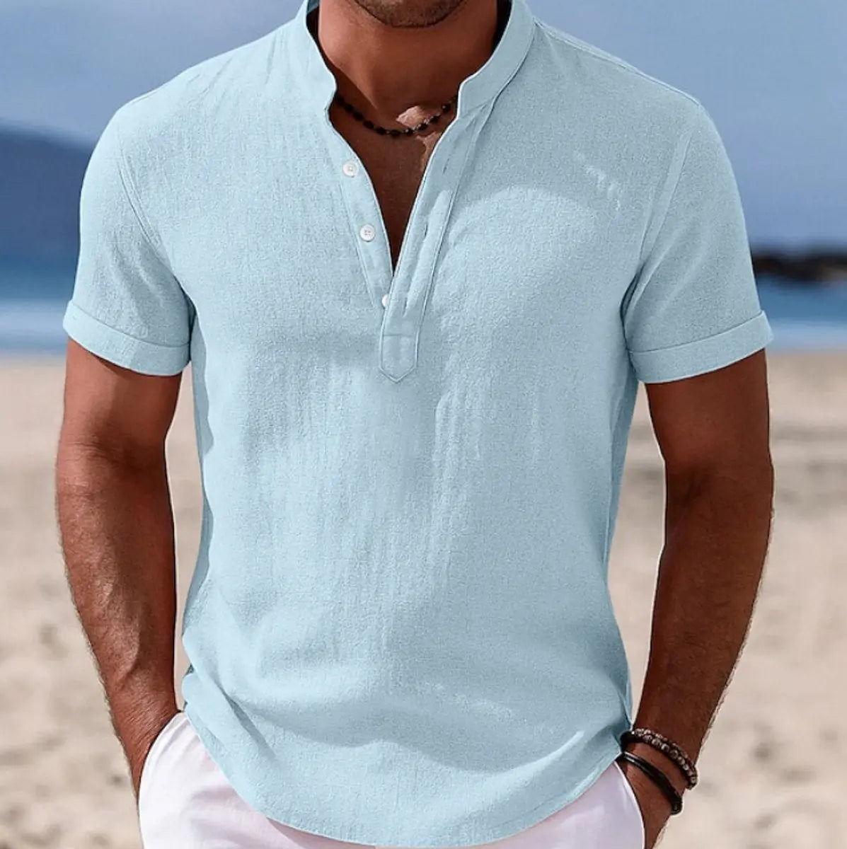 Men's Lightweight Short-Sleeve Henley Button-Up Summer Shirt - Light Blue