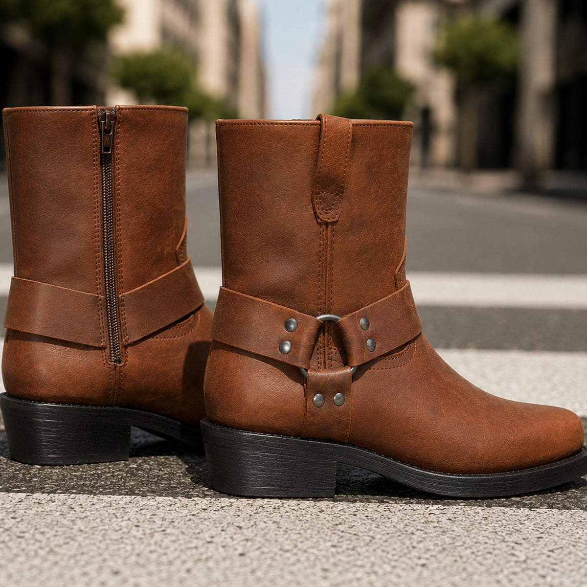 Men's Mid-Calf Harness Boots Side-Zip Low Block Heel