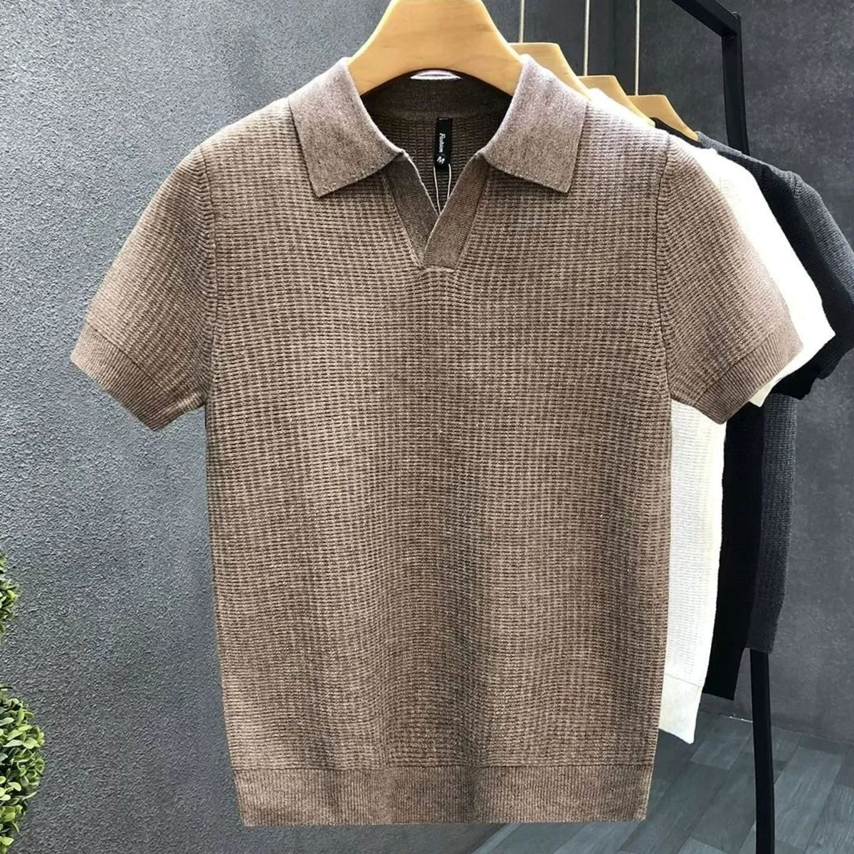 Men's Open-Collar Textured Knit Short-Sleeve Polo Shirt - Mocha