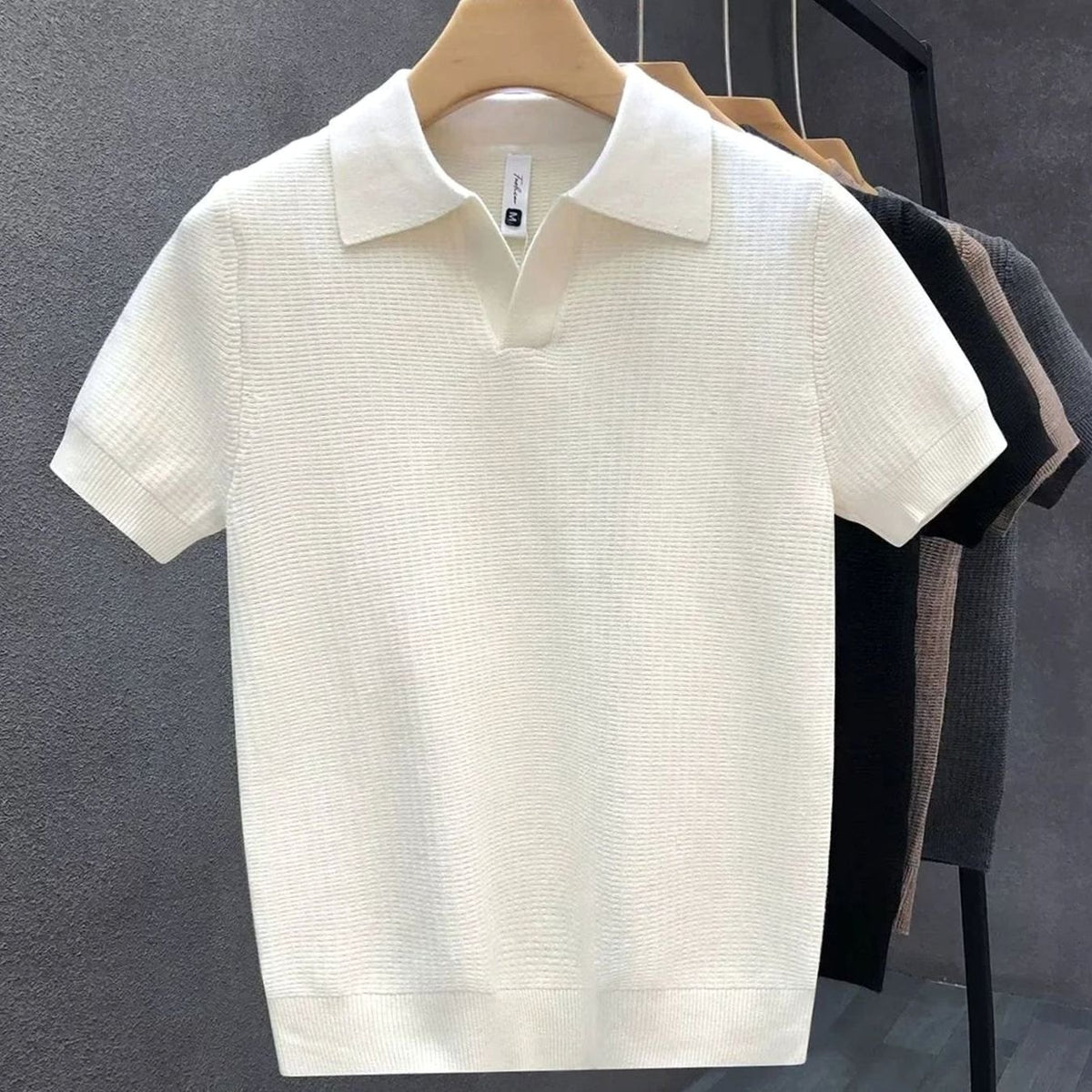 Men's Open-Collar Textured Knit Short-Sleeve Polo Shirt - White