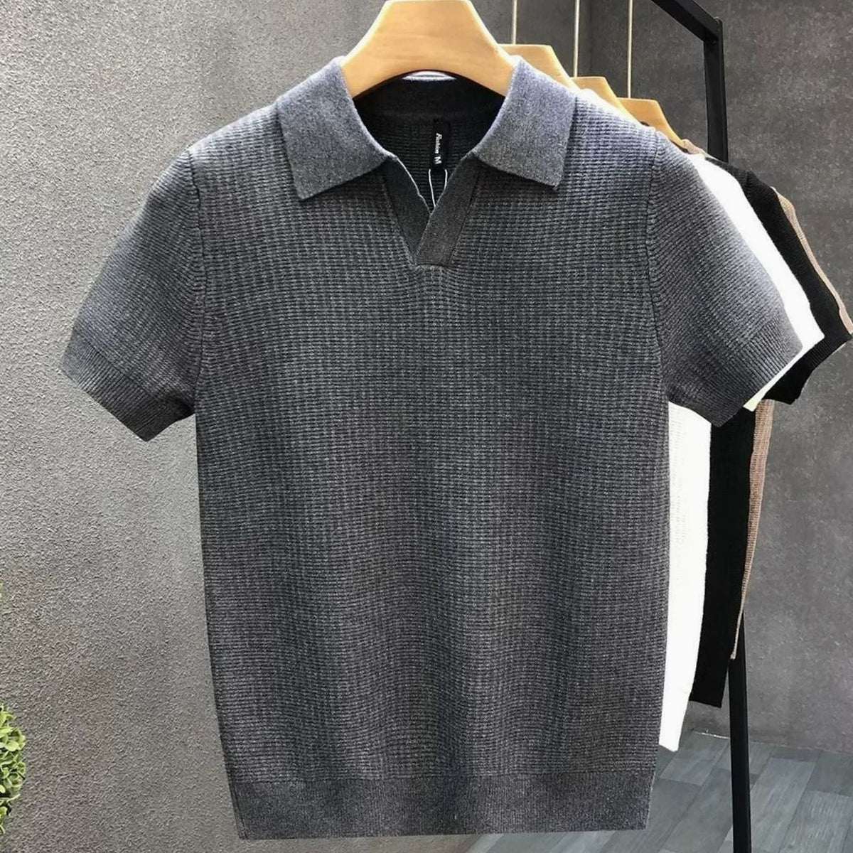Men's Open-Collar Textured Knit Short-Sleeve Polo Shirt - Charcoal
