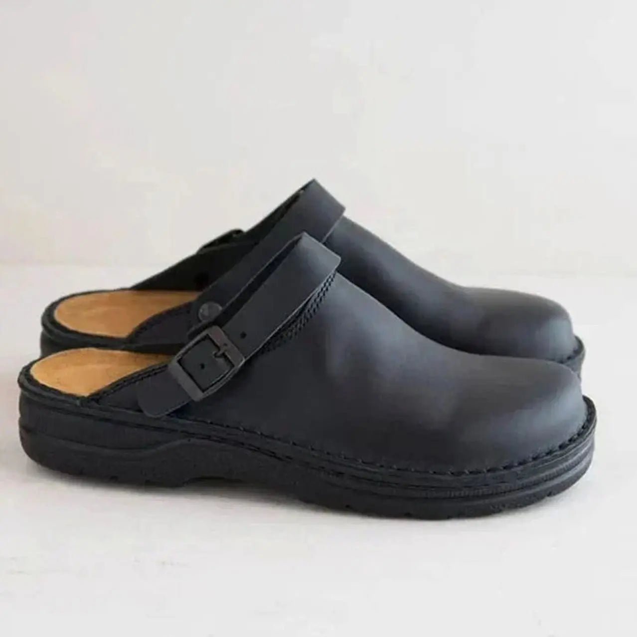 Men's Orthopaedic Leather Buckle Slip on Clogs - Black