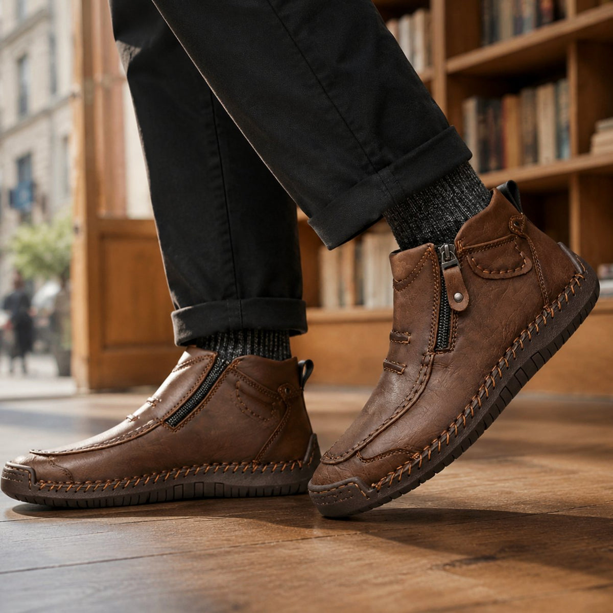 Men's Orthopedic Ankle Boots Side-Zip Moc-Toe Leather-Look - Brown