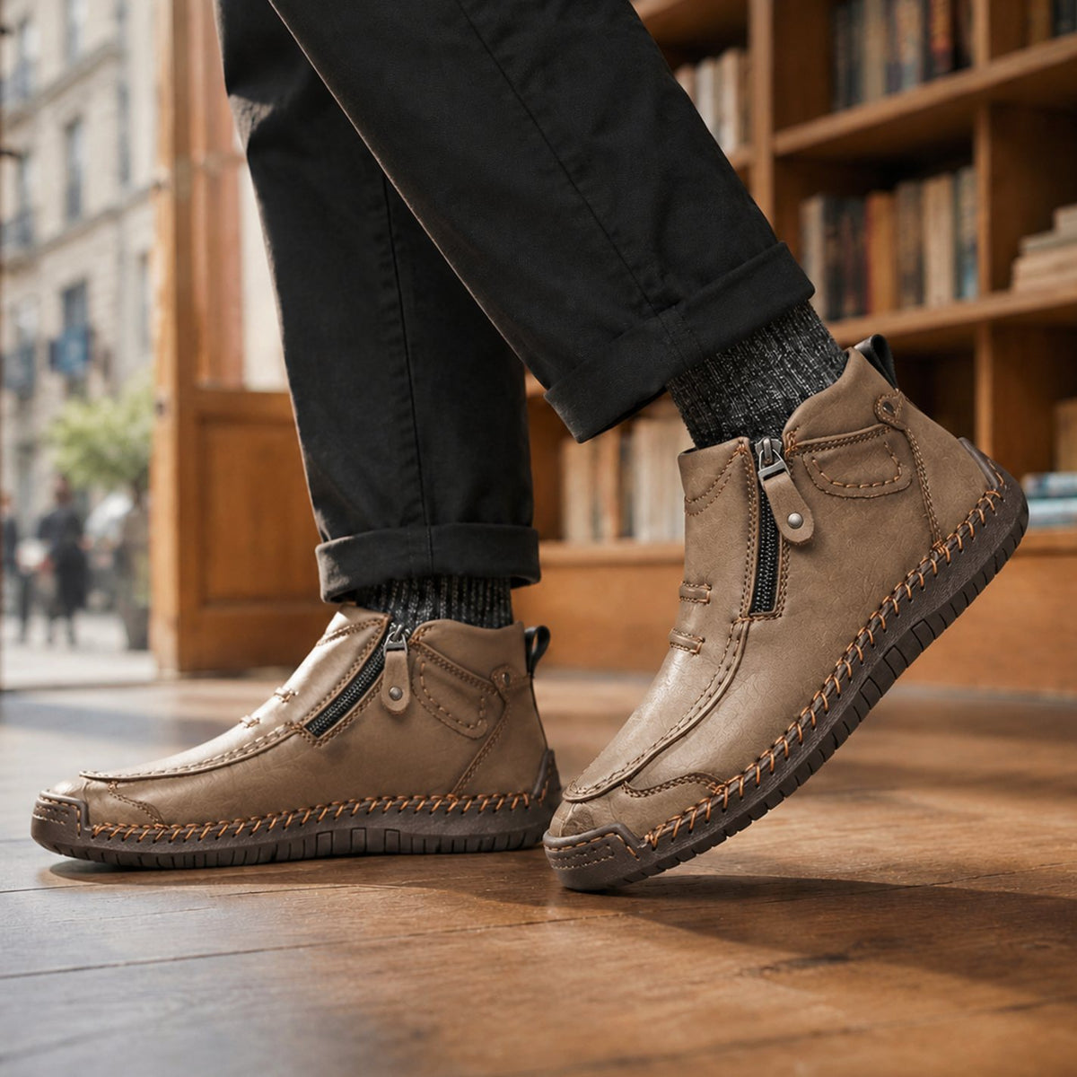 Men's Orthopedic Ankle Boots Side-Zip Moc-Toe Leather-Look - Khaki