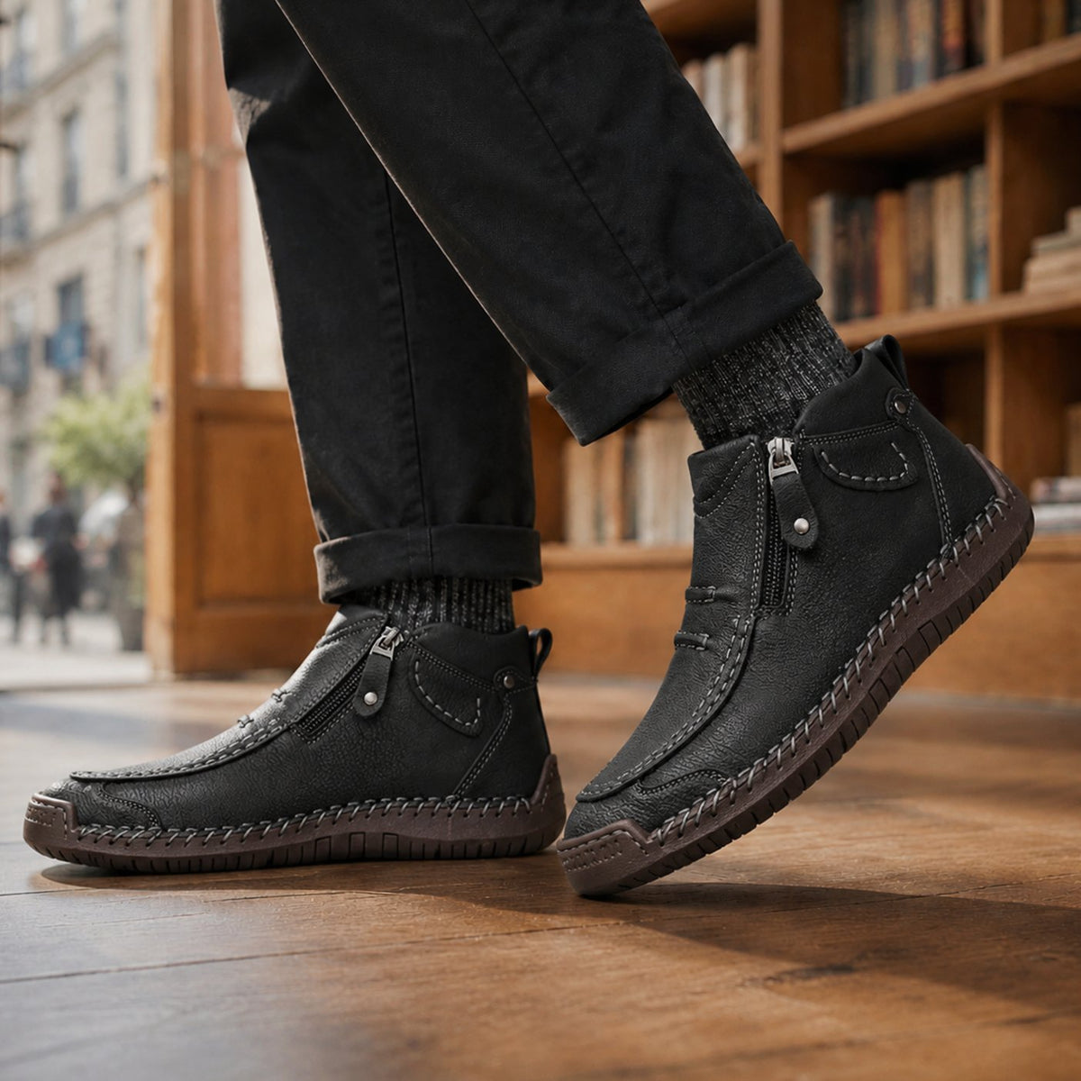 Men's Orthopedic Ankle Boots Side-Zip Moc-Toe Leather-Look - Black