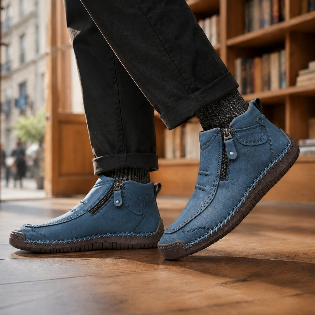 Men's Orthopedic Ankle Boots Side-Zip Moc-Toe Leather-Look - Blue