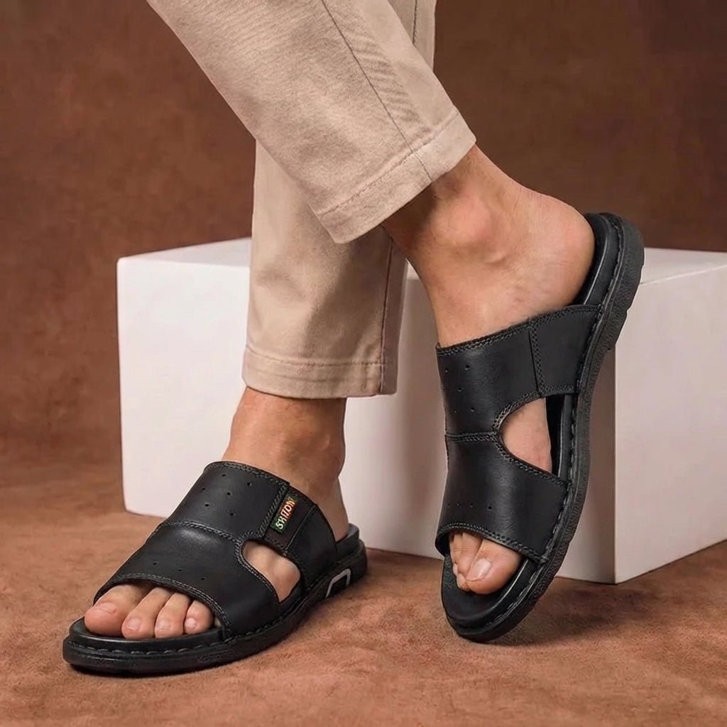 Men's Orthopedic Slide Sandals Wide Fit Leather - Black