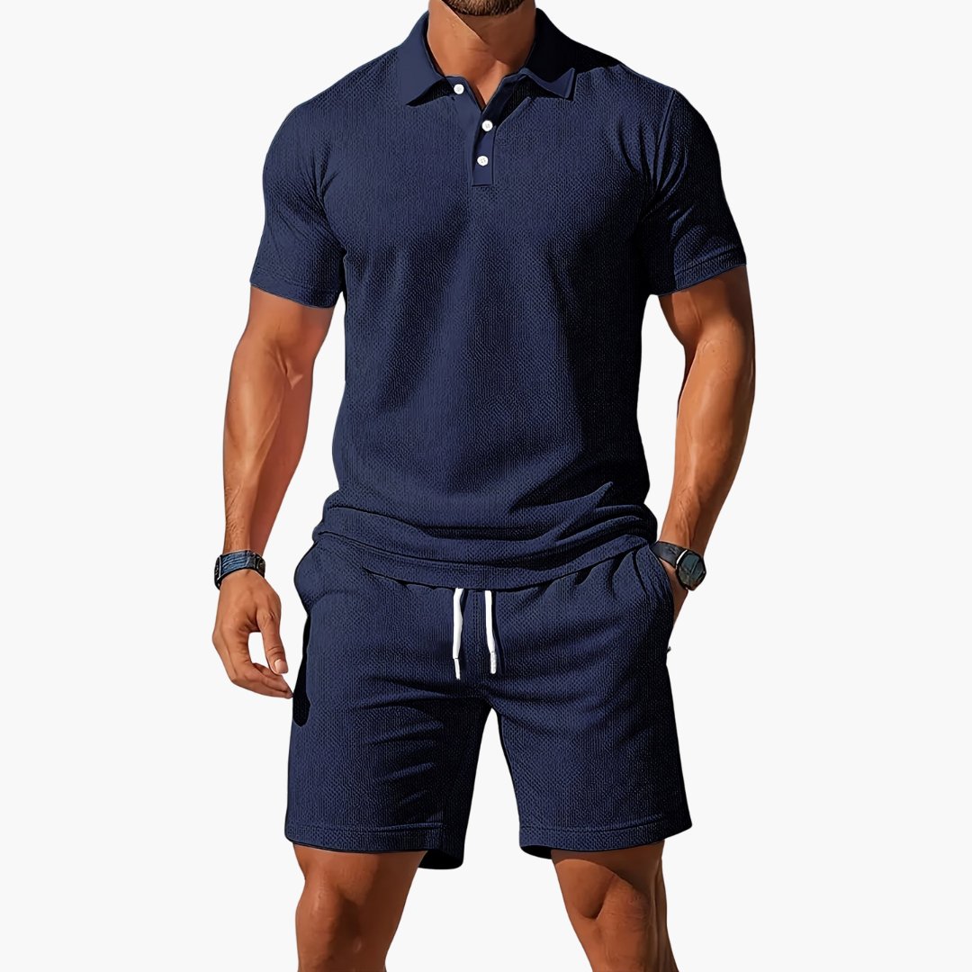 Men's Polo Shirt & Shorts 2 Piece Set Summer Lounge - Navy Blue