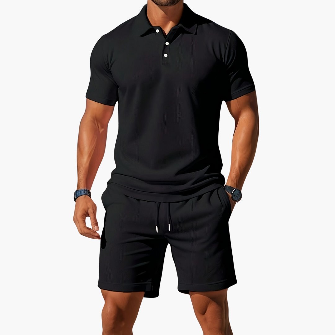 Men's Polo Shirt & Shorts 2 Piece Set Summer Lounge - Black