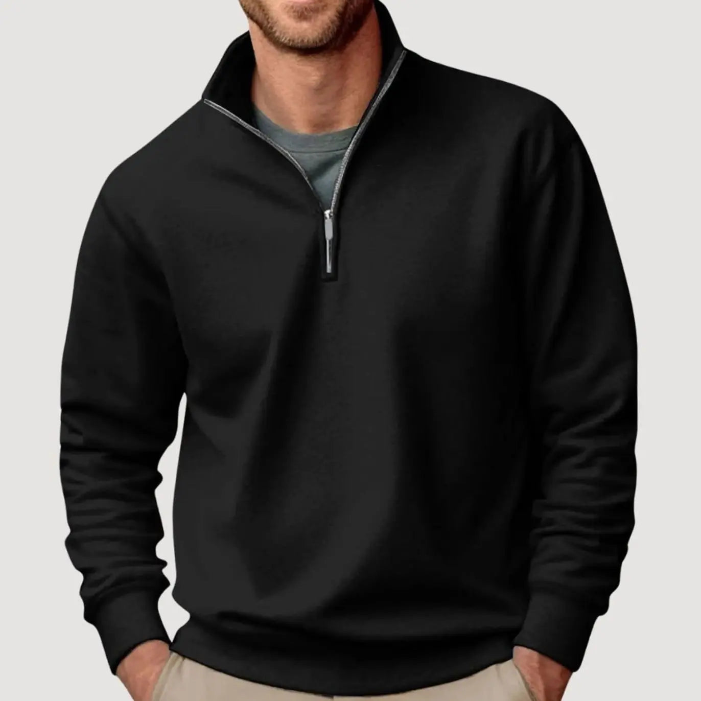 Men's Quarter-Zip Collar Sweatshirt Casual Relaxed Fit Pullover - Black