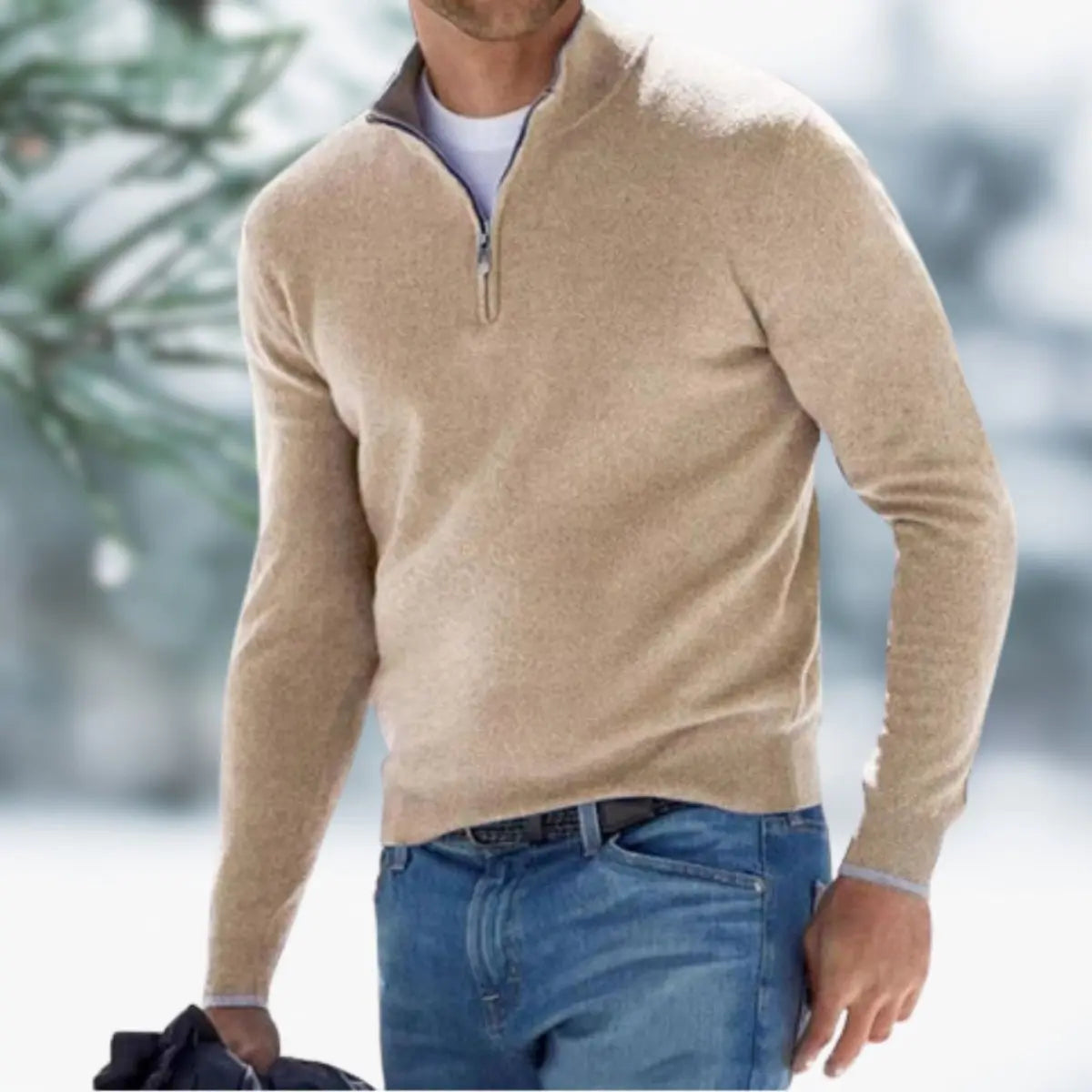 Men's Quarter-Zip Mens Knit Sweater Long Sleeve Pullover Jumper - Apricot