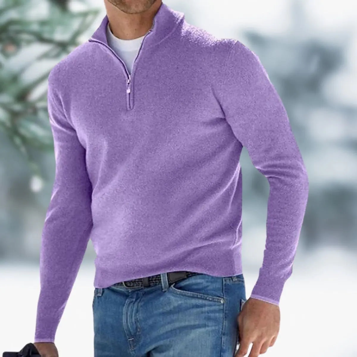 Men's Quarter-Zip Mens Knit Sweater Long Sleeve Pullover Jumper - Light Purple