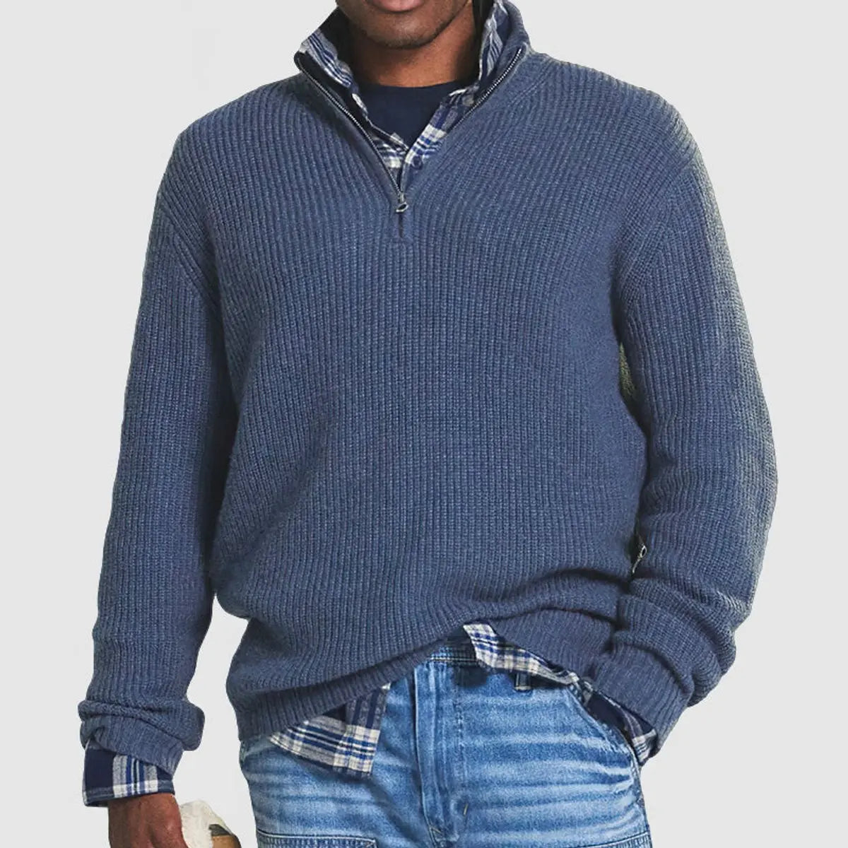 Men's Quarter-Zip Ribbed Knit Sweater Pullover Jumper - Blue