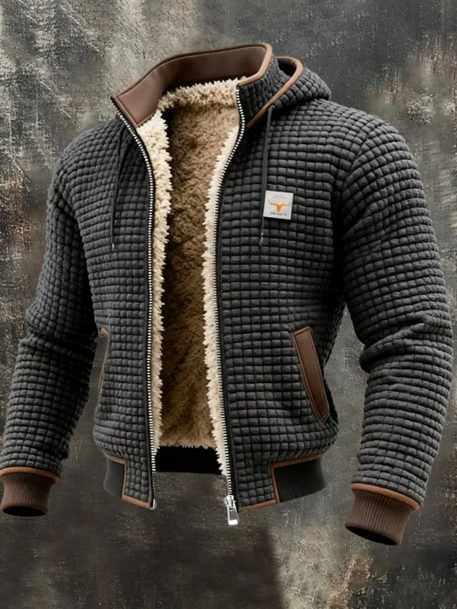 Mens Quilted Jacket Fleece Lined Hooded Zip-Up Winter Coat - Grey