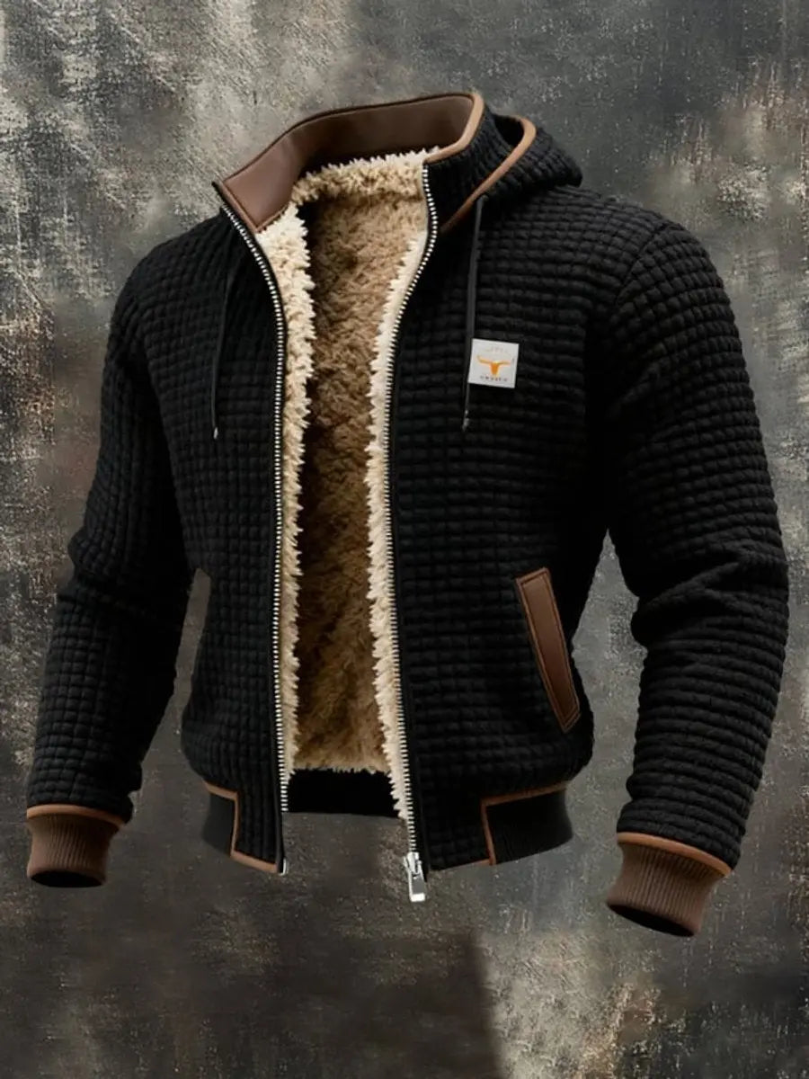 Mens Quilted Jacket Fleece Lined Hooded Zip-Up Winter Coat - Black