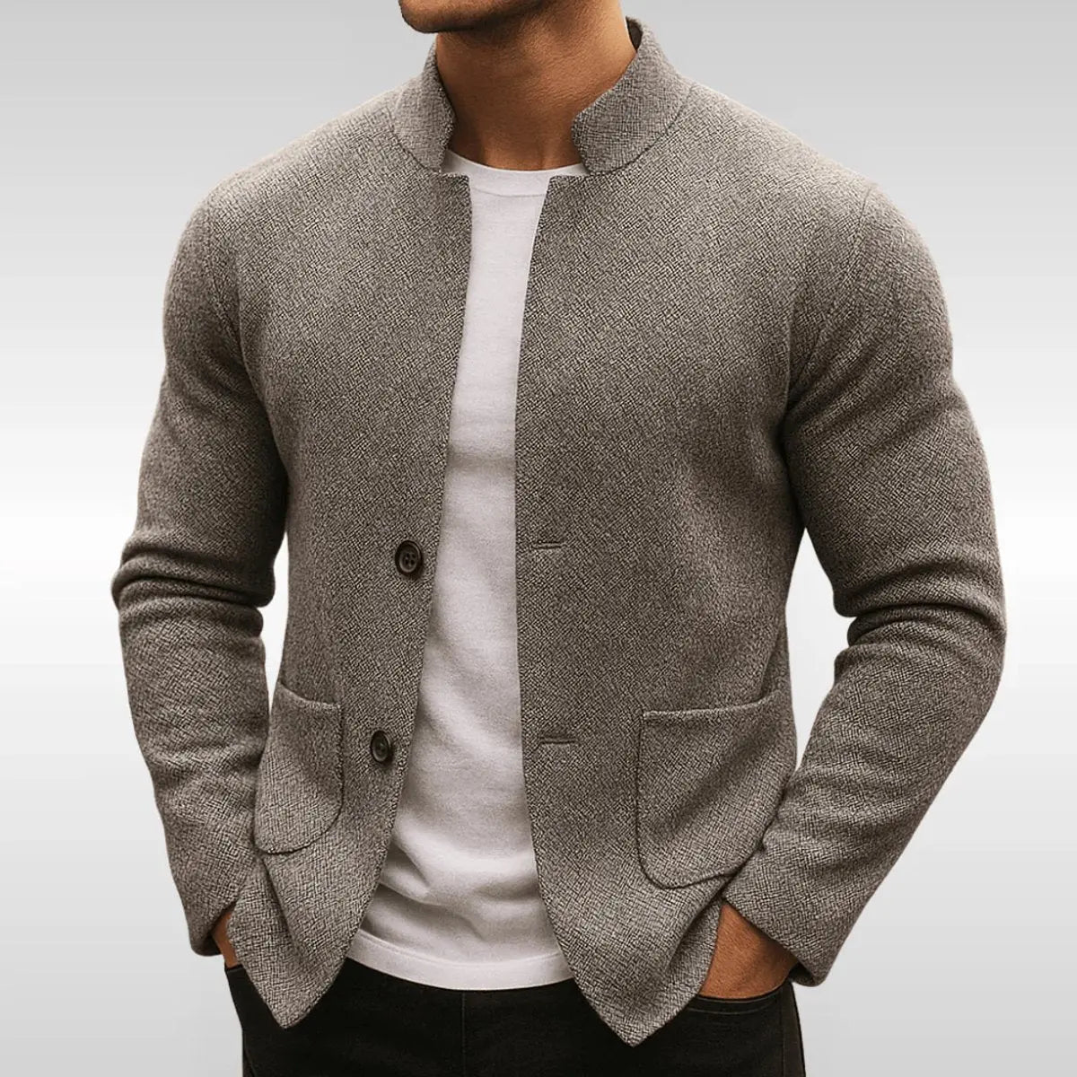 Men's Quilted Jacket Knit Texture Mandarin Collar Button Blazer - Grey