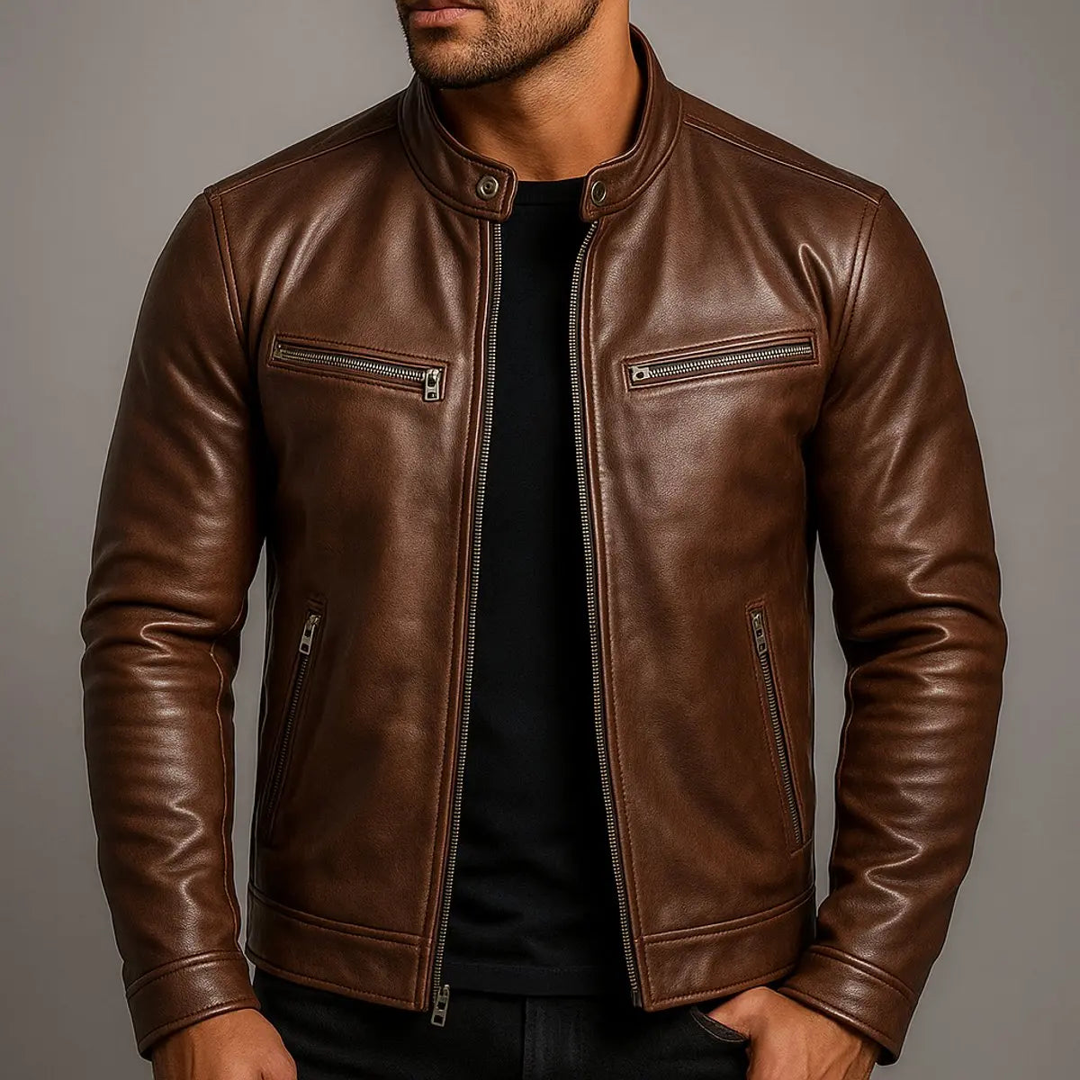 Mens Quilted Jacket Vintage Biker Leather Look Zip-Up Coat