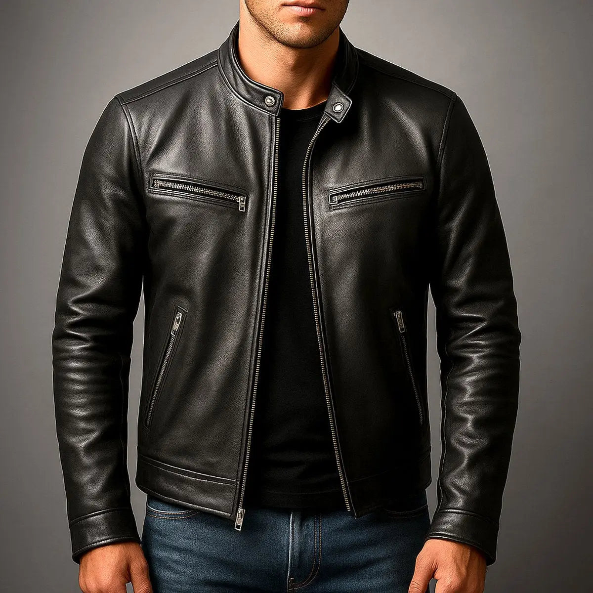 Mens Quilted Jacket Vintage Biker Leather Look Zip-Up Coat