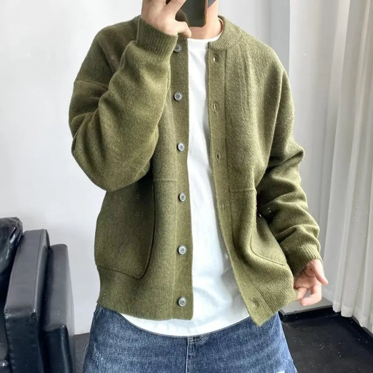Mens Relaxed Fit Button-Up Knit Cardigan - Green