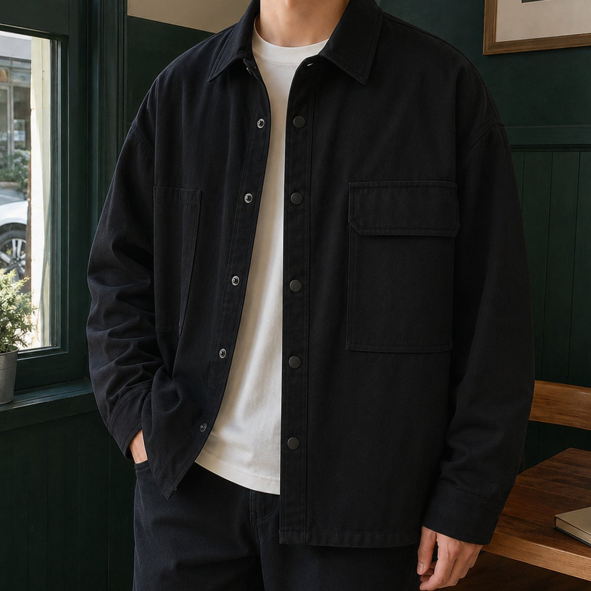 Men's Relaxed-Fit Cotton-Blend Snap-Button Utility Jacket - Black