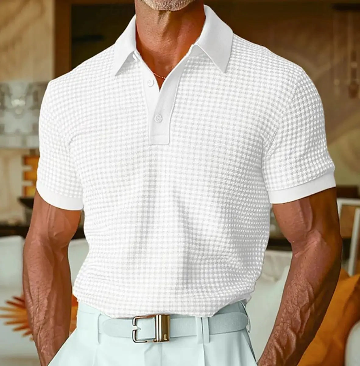 Men's Relaxed-Fit Houndstooth Waffle-Knit Collared Polo Shirt - White