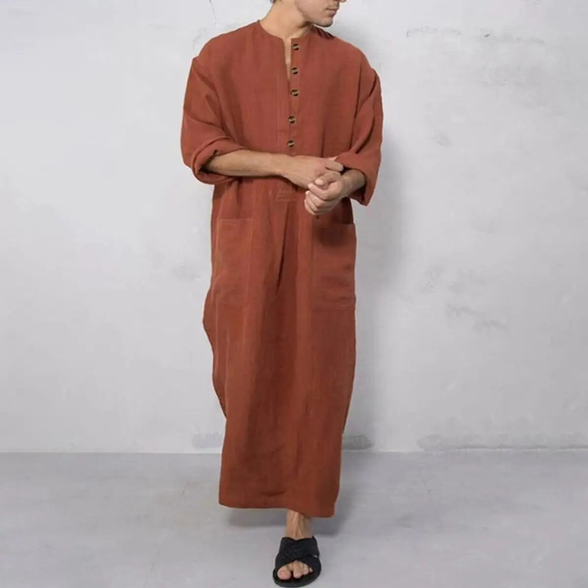 Men's Relaxed Linen Maxi Tunic Kaftan Button-Placket