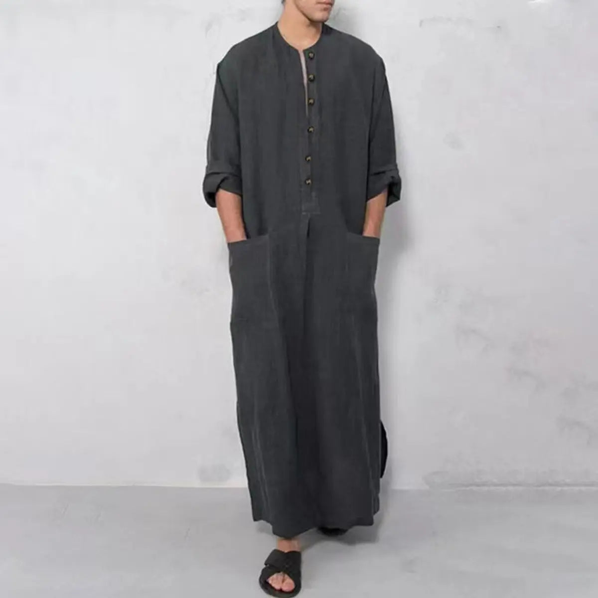Men's Relaxed Linen Maxi Tunic Kaftan Button-Placket