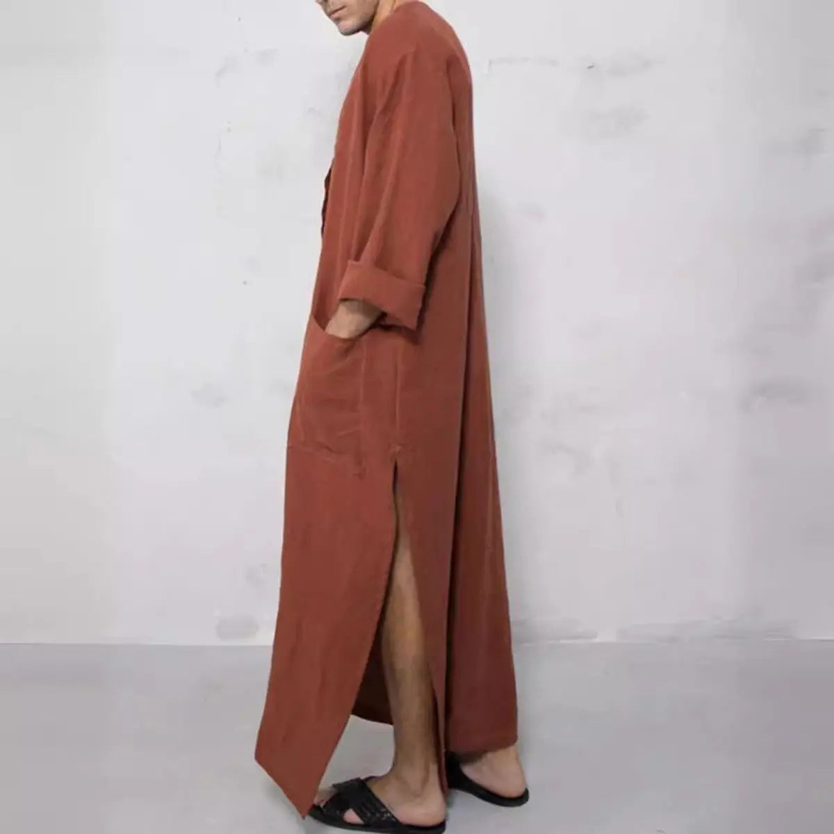 Men's Relaxed Linen Maxi Tunic Kaftan Button-Placket