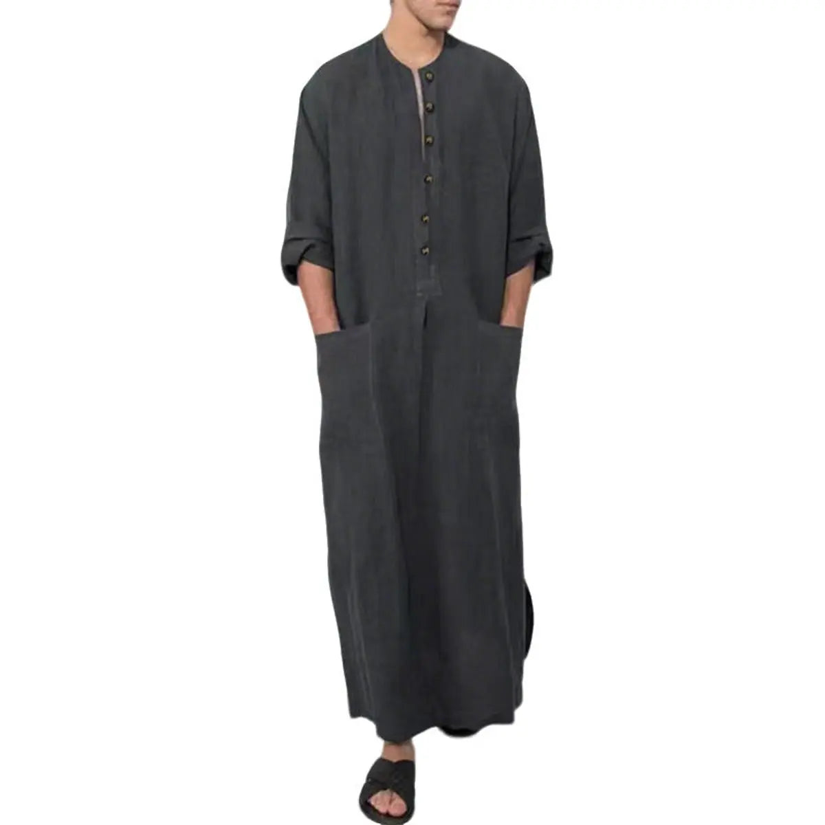Men's Relaxed Linen Maxi Tunic Kaftan Button-Placket - Grey