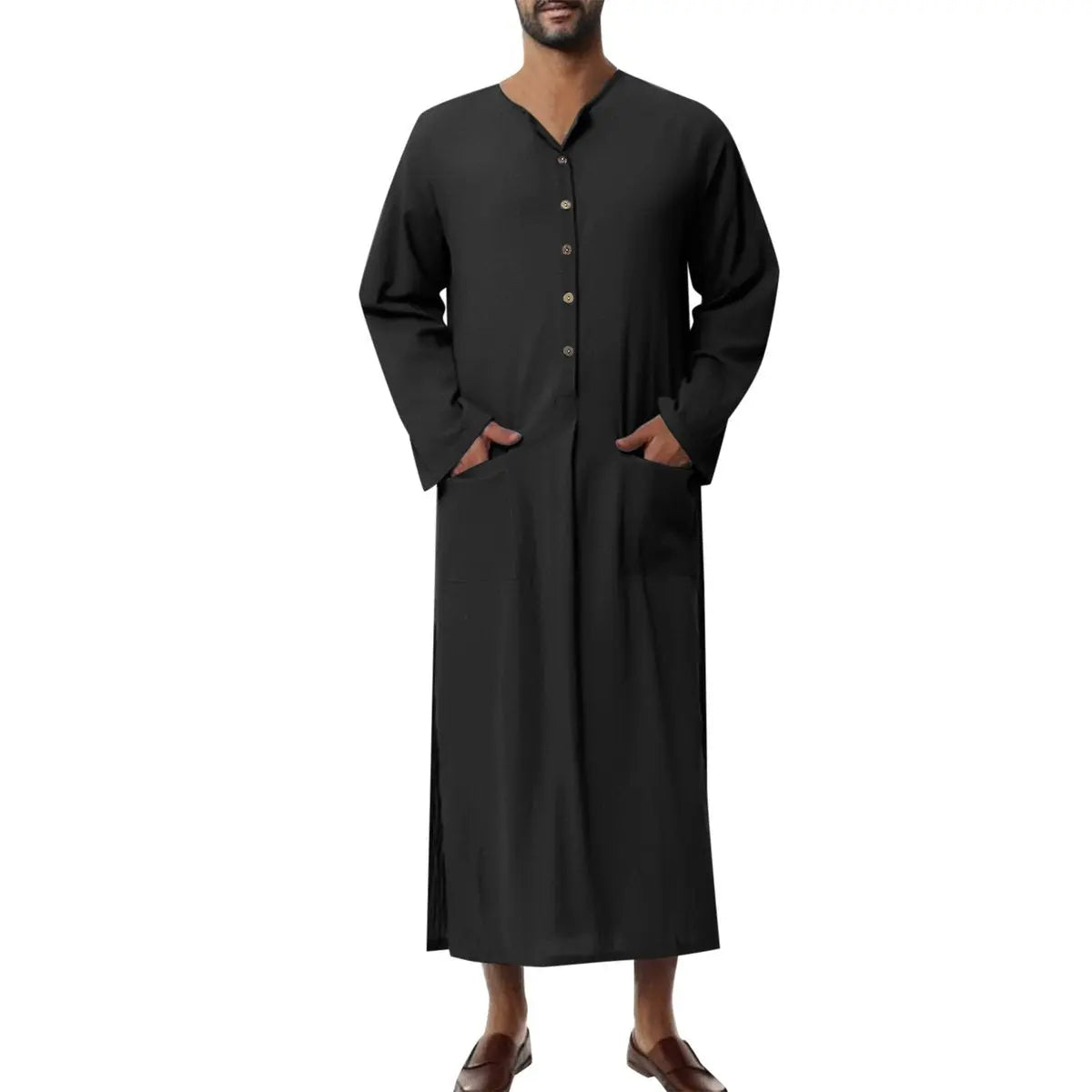 Men's Relaxed Linen Maxi Tunic Kaftan Button-Placket - Black