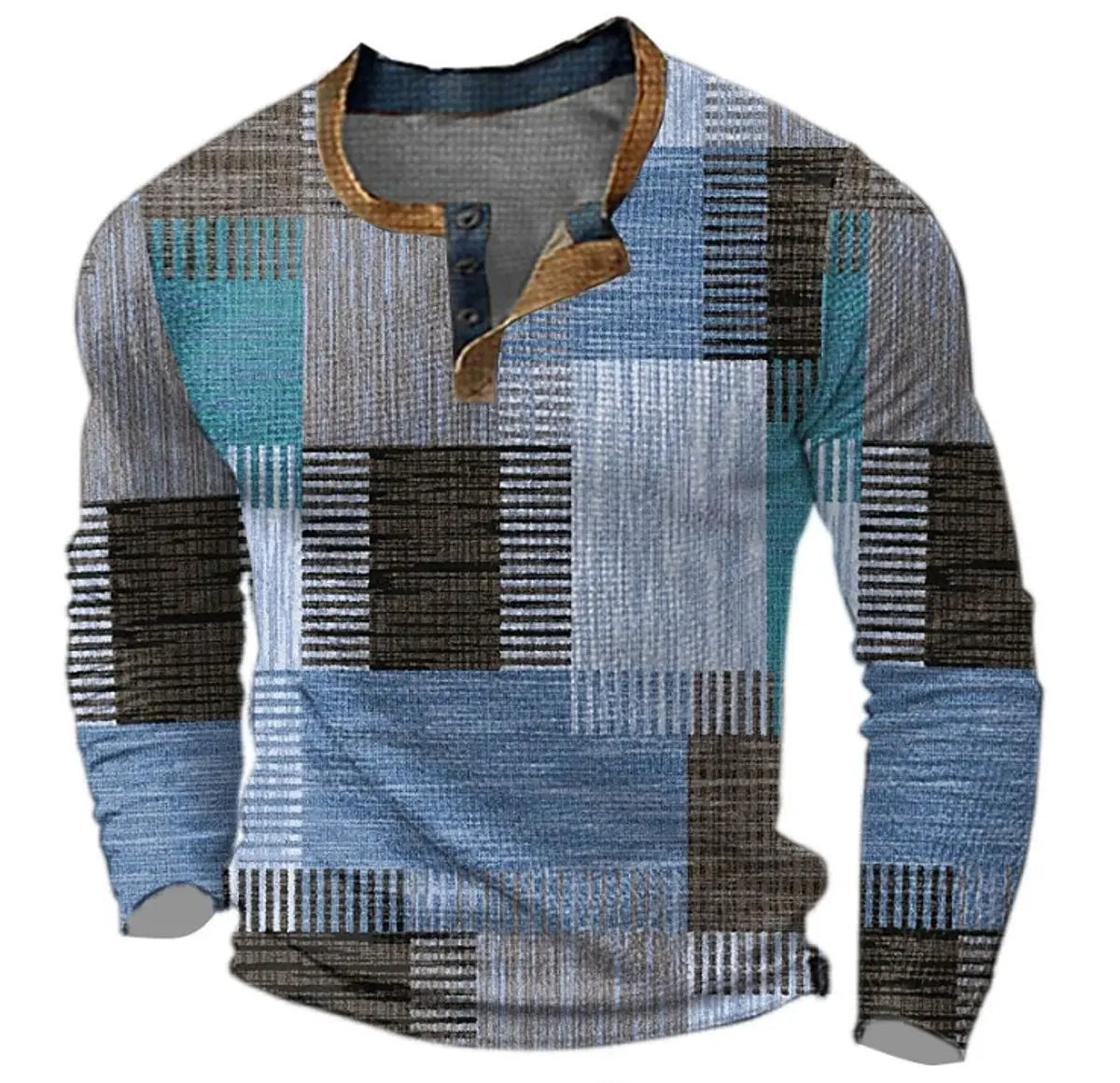 Men's Retro Colour Block Long Sleeve Mens Knit Sweater Henley Top - Blue