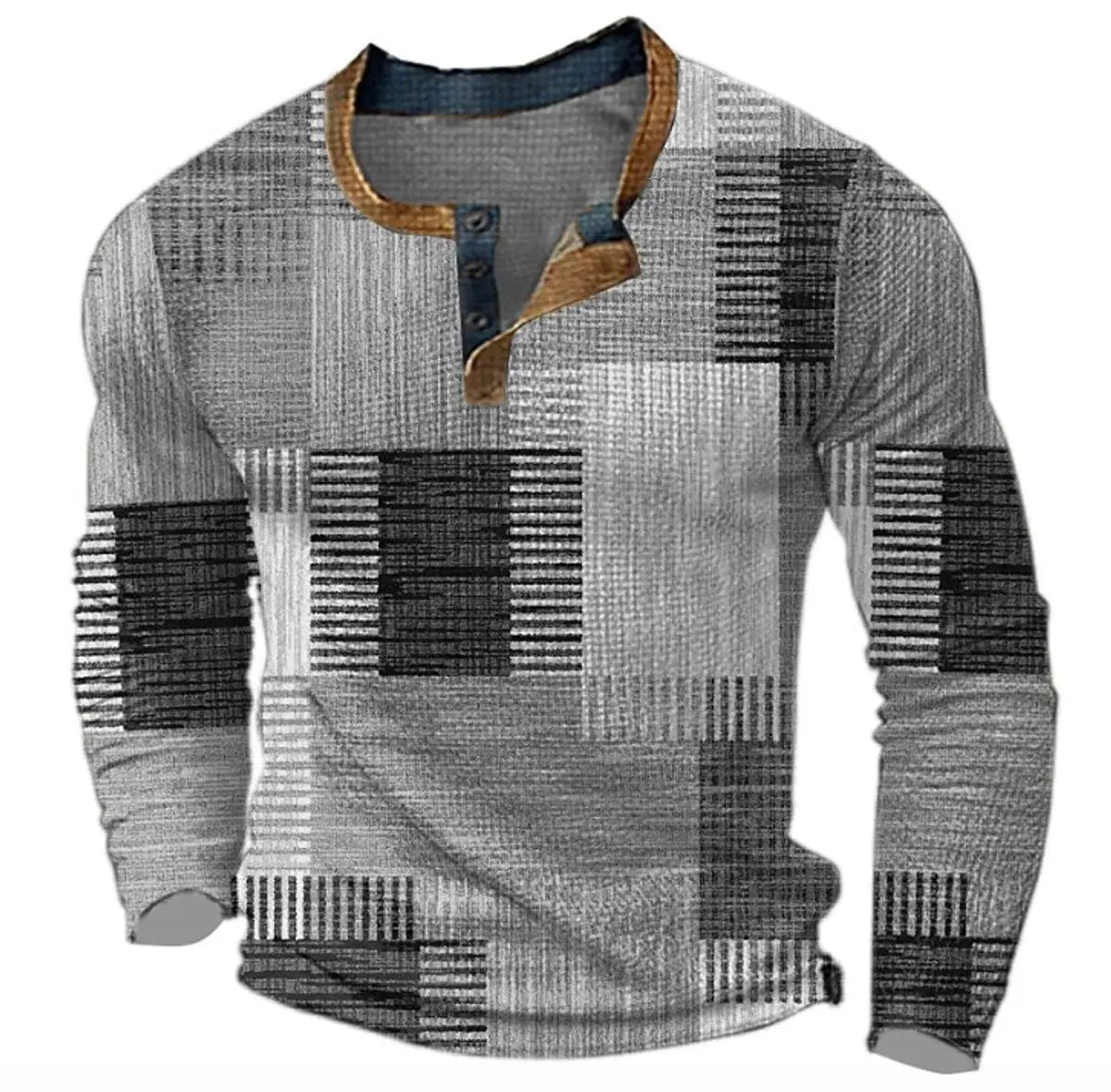 Men's Retro Colour Block Long Sleeve Mens Knit Sweater Henley Top - Grey