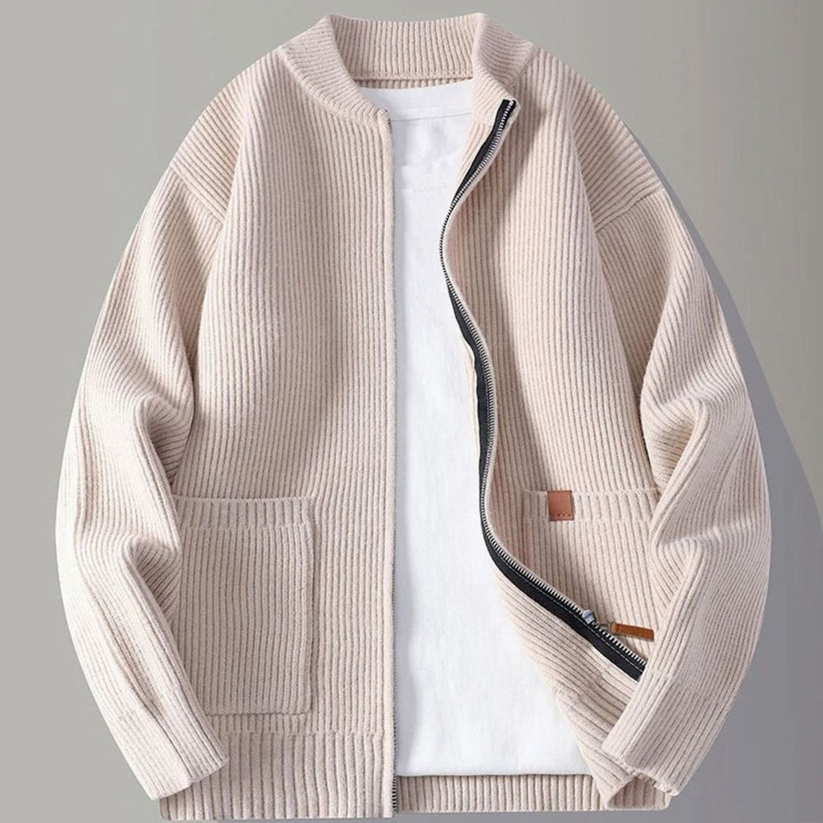 Men's Ribbed Knit Full-Zip Jacket with Front Pockets - Beige