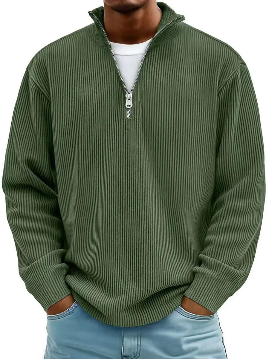 Men's Ribbed Knit Sweater Quarter-Zip Pullover Jumper - Olive Green