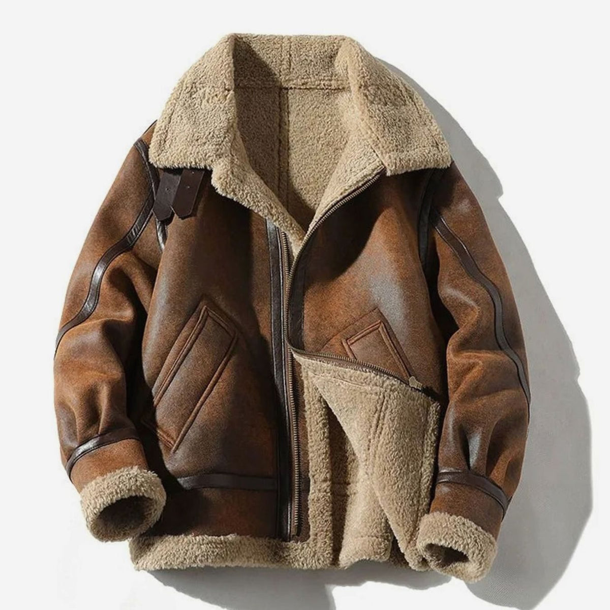 Men's Shearling-Lined Suede Aviator Bomber Jacket - Brown