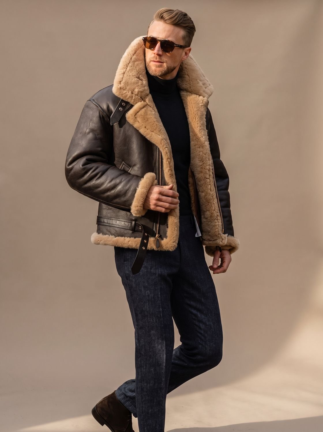 Men's Sheepskin Bomber Leather Flying Jacket Shearling Collar